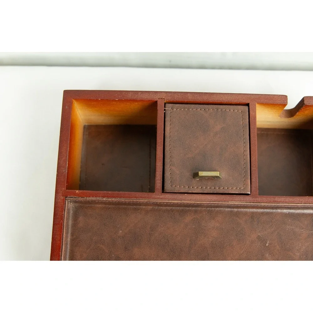 Vintage Wood Valet Box Jewelry Organizer Charging Station Brown Faux Leather